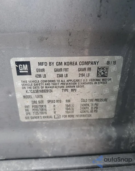 2019 Chevrolet Trax 1Lt z USA, uszkodzony, nr VIN KL7CJLSB1KB928124